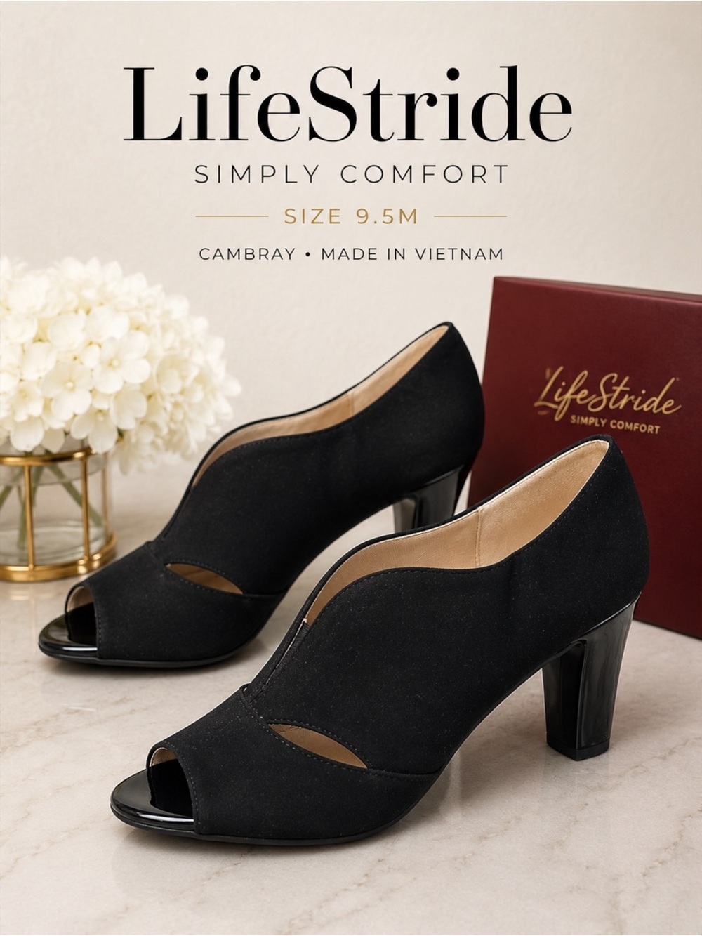 LifeStride Cambray Black Peep Toe Heels Size 9.5M Simply Comfort Career Classic
